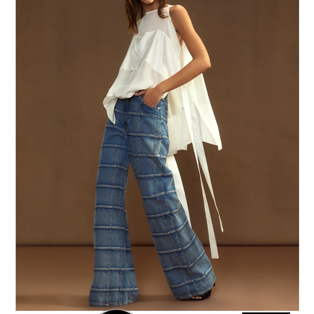 NWT Cynthia Rowley Windowpane Wide-Leg Jeans, Size 28